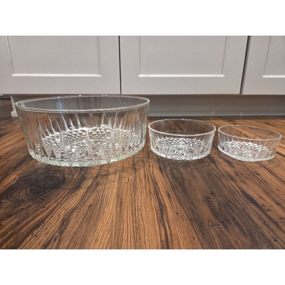 ARCOROC FRANCE CLEAR STARBURST DIAMOND PATTERN SERVING BOWL Vtg Set Of 3 MCM